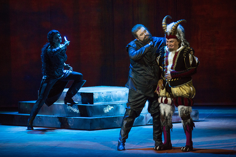 Daria Abroskina as Maddalena. <br/>Pavel Lokshin as Sparafucile. <br/>Boris Statsenko as Rigoletto. <br/>Photo by Andrei Golubev.