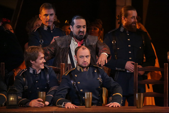 As Zuniga in Carmen. Alexander Kireyev as Morales (to the left),Elchin Azizov as Escamillo (behind). Photo by Damir Yusupov.