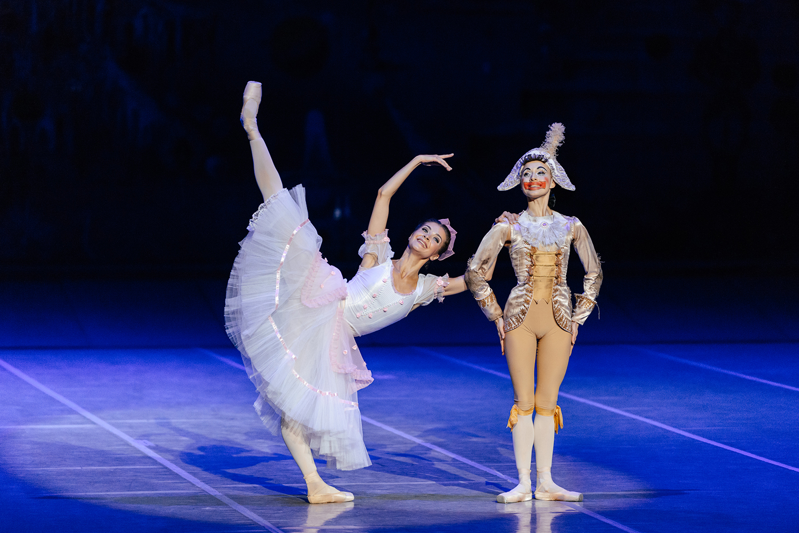 Lyudmila Khitrova as Masha. Karina Malakhovskaya as Nutcracker. <br/>Photo by Alexei Kaznadei / Bolshoi Theatre of Belarus.